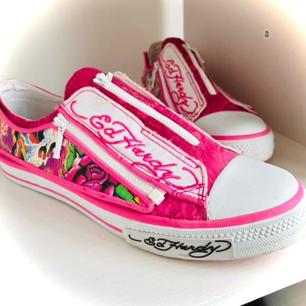 Ed Hardy Pink Floral Zip-Front Slip-On Sneakers